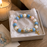 Chalcedony Cross Beaded Bracelet, Vintage Religious Printed Tube Bead Faith Jewelry for Women