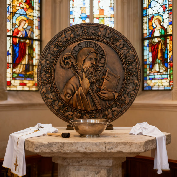 Religiöse Ikone des Heiligen Benedikt, geschnitzte Wand dekoration aus Naturholz
