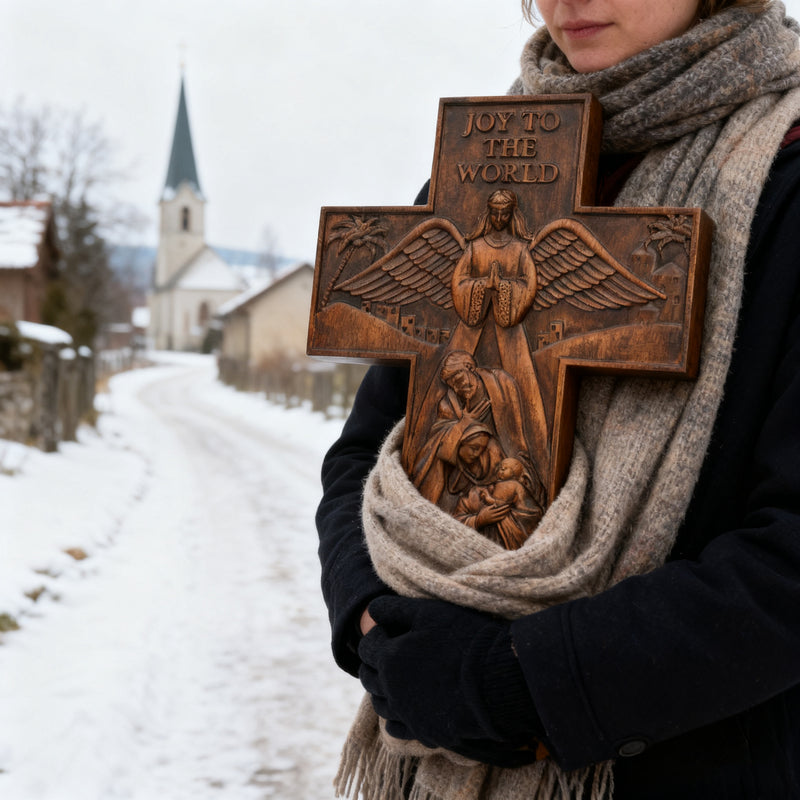 Christmas cross, Nativity cross,Joy to the world wood carving- best Christmas gift