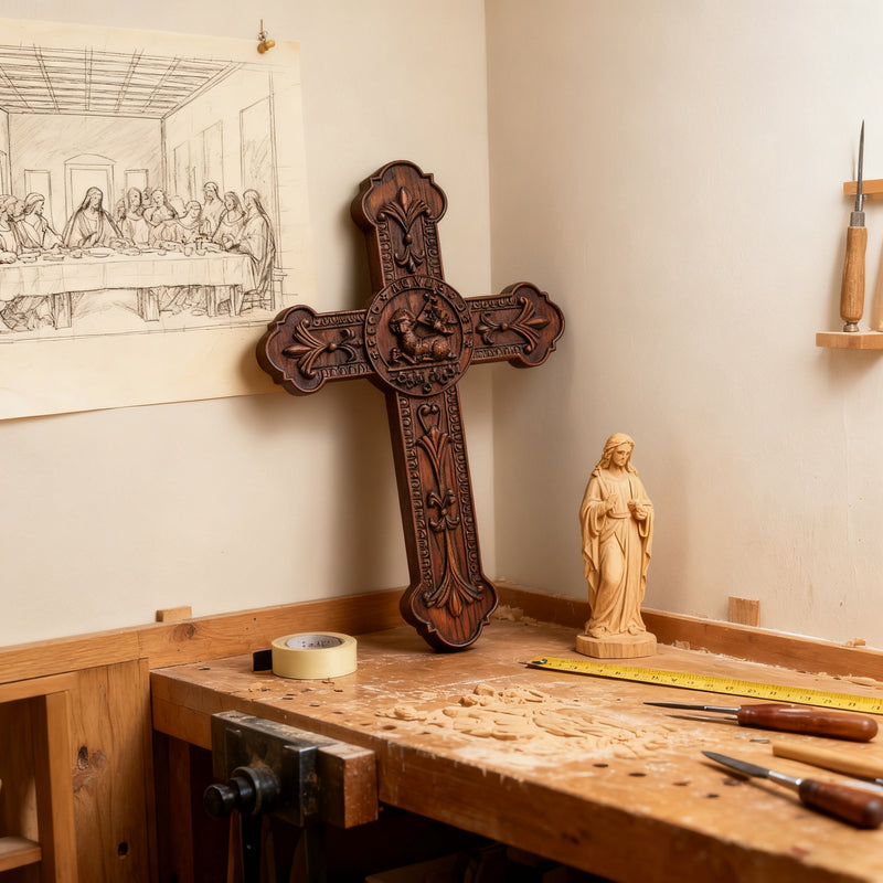 Bgcopper Lamb of God Wood Carving Cross Wall Decor - Paschal lamb