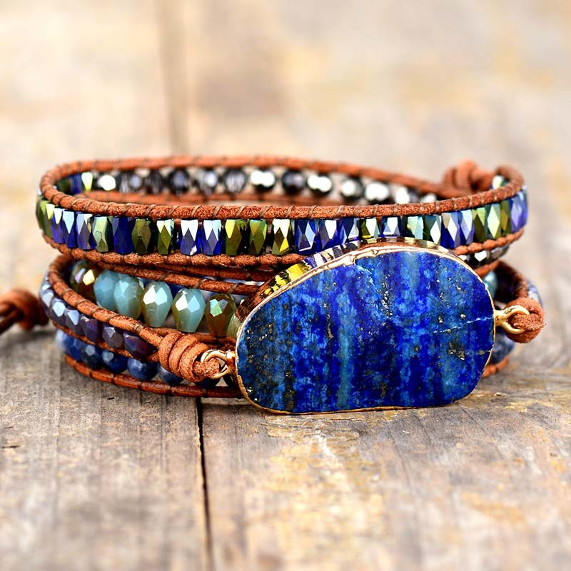 Handmade Natural Lapis Lazuli Cowhide Rope Braided Creative Multi-Layer Wrap Bracelet
