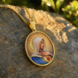 Enamel Immaculate Heart Virgin Mary Oval Gold Stainless Steel Necklace