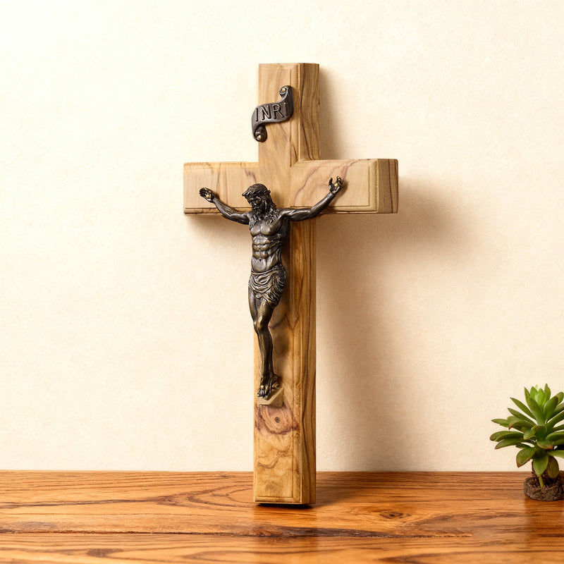 Olive Wood Crucifix with Bronze Corpus: A Bridge to Sacred Devotion