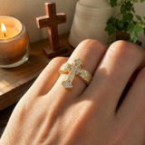 Christian Cross Statement Ring with 5A+ Cubic Zirconia – Silver & 14K Gold Plated