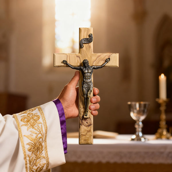 Olive Wood Crucifix with Bronze Corpus: A Bridge to Sacred Devotion