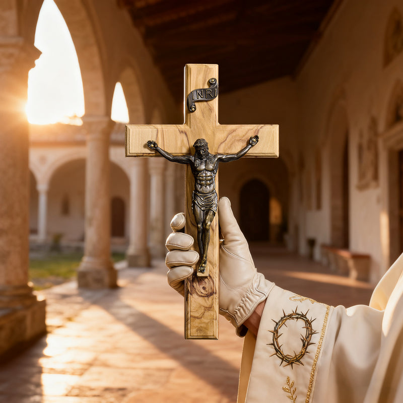 Olive Wood Crucifix with Bronze Corpus: A Bridge to Sacred Devotion