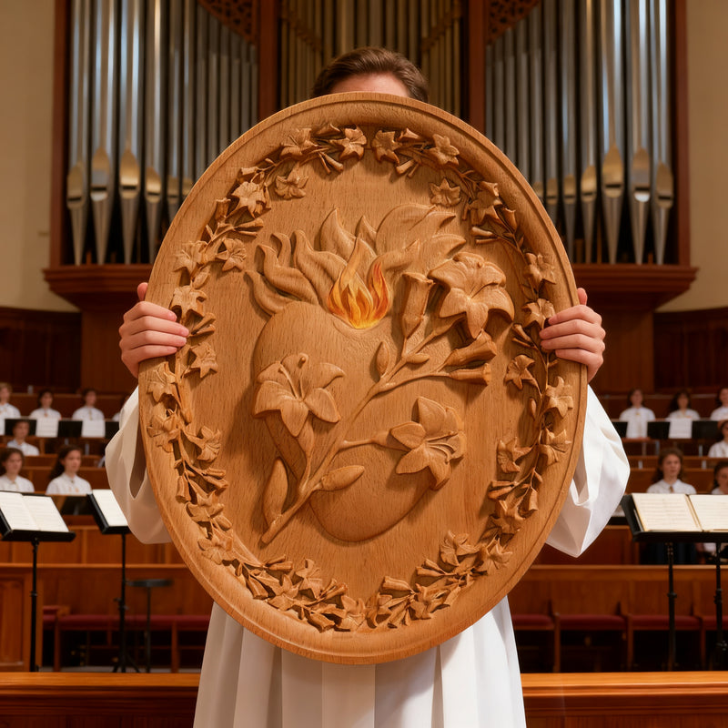 Sacred Family Three Sacred Hearts Wall Decoration Wood Sculpture