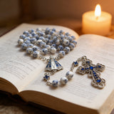 Our Lady & Cross Rosary: 8mm Blue Floral Acrylic Beads with Alloy Chain