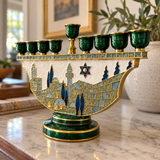 Jerusalem Skyline Hanukkah Menorah – Cloisonné Enamel Judaica Candle Holder