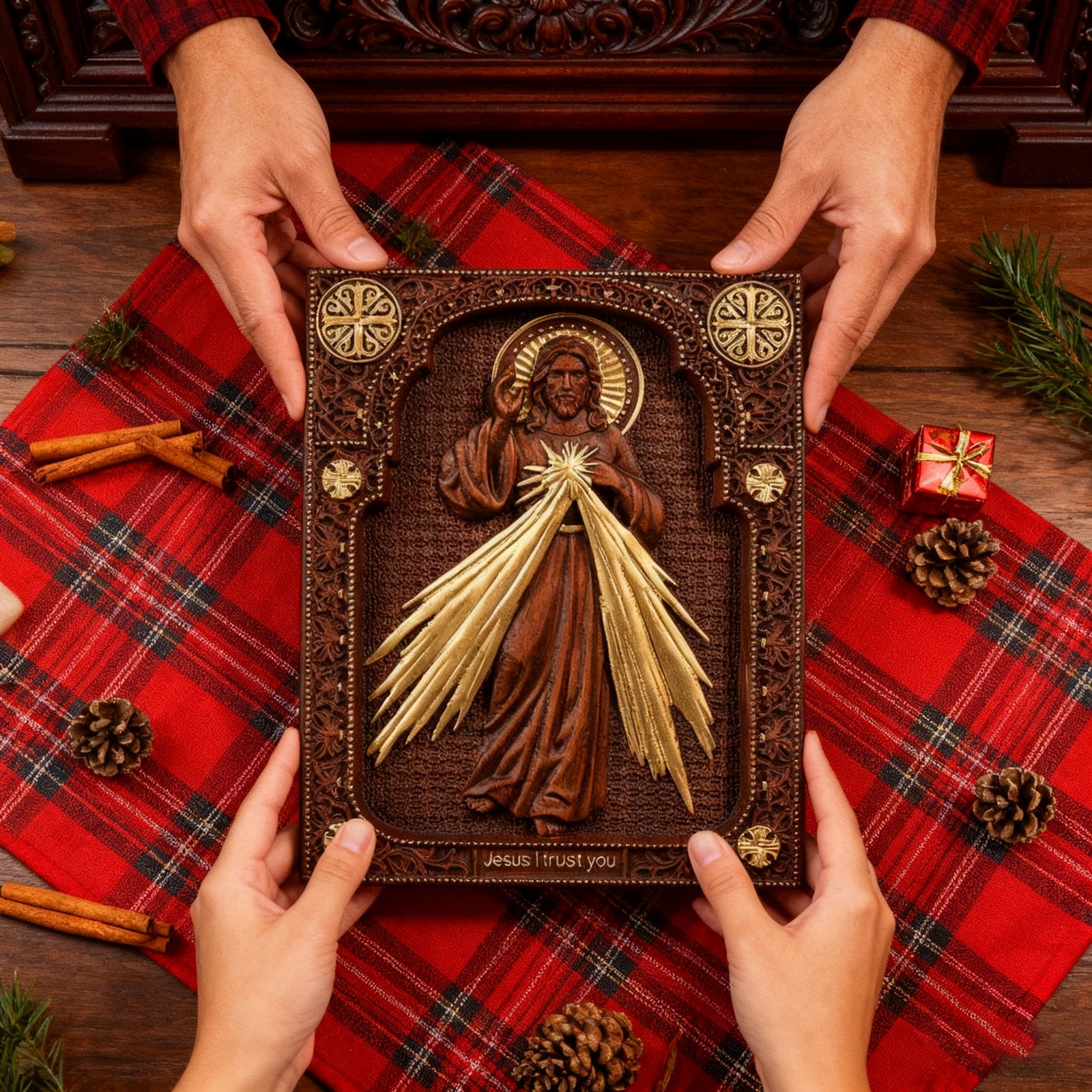 JESUS CHRIST レリーフ 壁掛けプレート 真鍮製 The Sacred Heart and Divine Mercy Jesus Christ Wood Wall Plaque