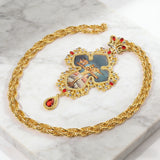 Gilded Leaf-Edged Jesus Crucifix Necklace: Elegance Woven with Faith