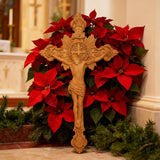 Wood Carving of Jesus Cross with St. Benedict's Exorcism