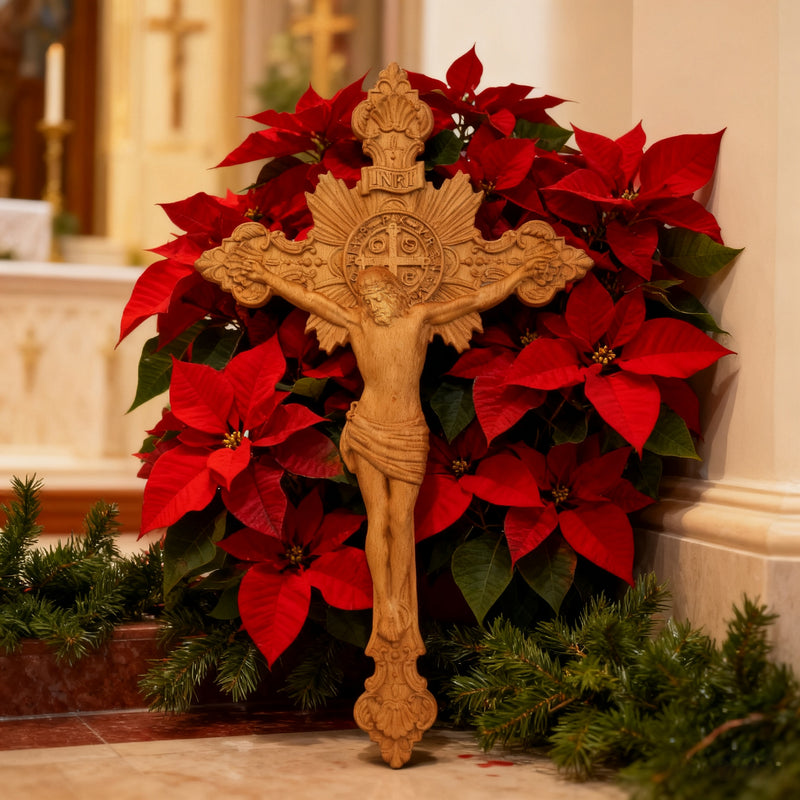 Wood Carving of Jesus Cross with St. Benedict's Exorcism