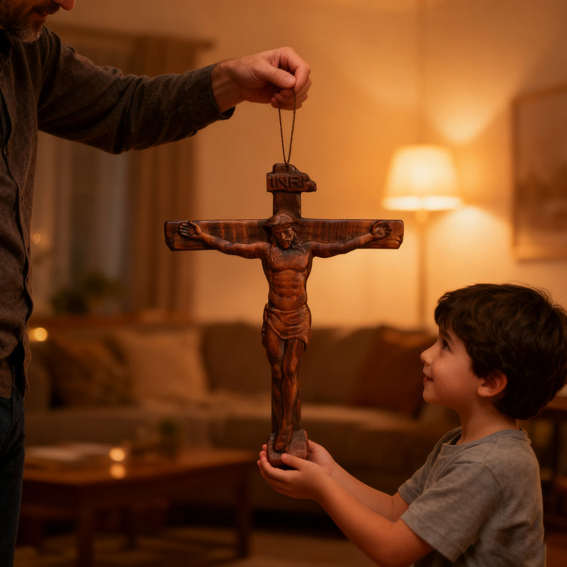 Sacred Art Crucifix: Devotionally Hand-Carved Solid Wood Cross, A Testament of Divine Love & Sacrifice