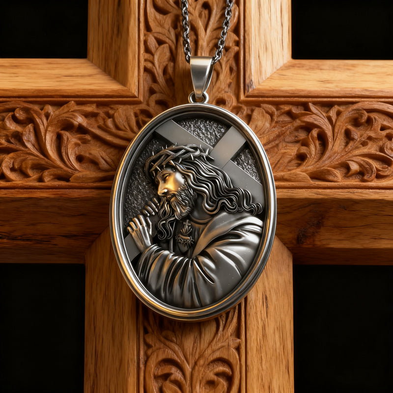 Divine Grace: Jesus Carrying the Cross with Sacred Heart S925 Sterling Silver Pendant Necklace