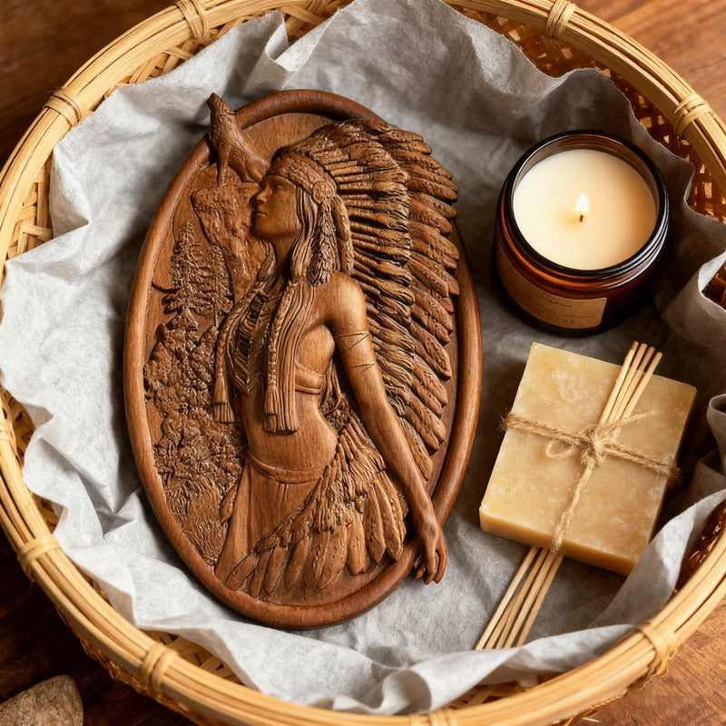Native American Woman Wood Carving - Hand-Carved Solid Wood Art - Indigenous Home Decor
