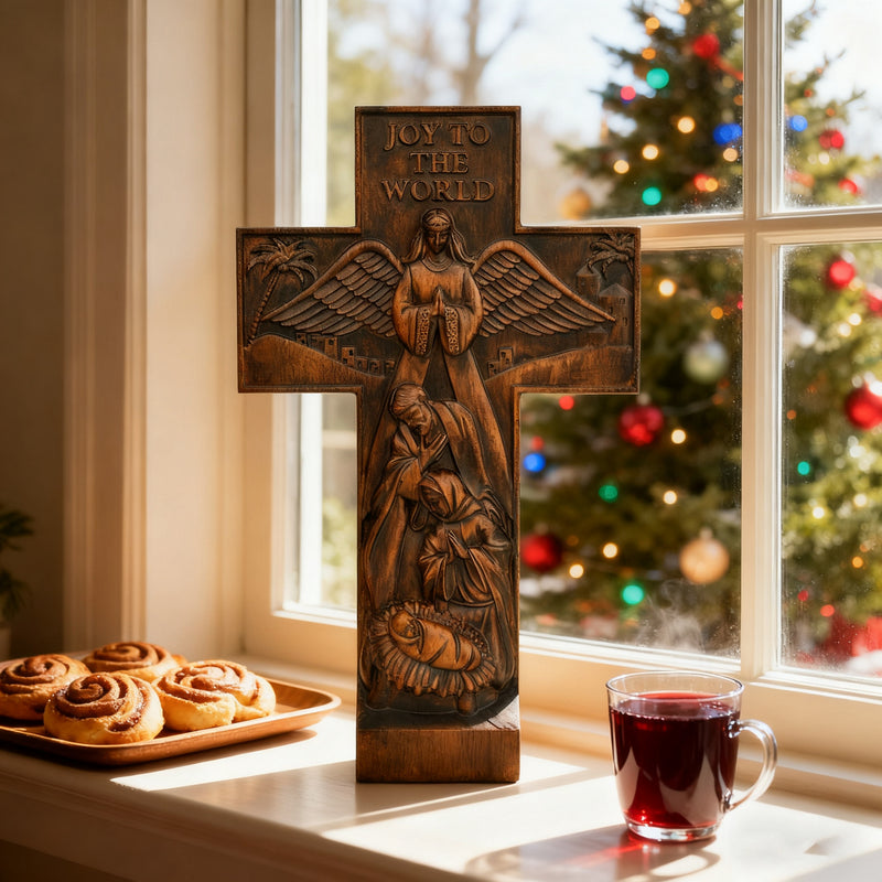 Christmas cross, Nativity cross,Joy to the world wood carving- best Christmas gift