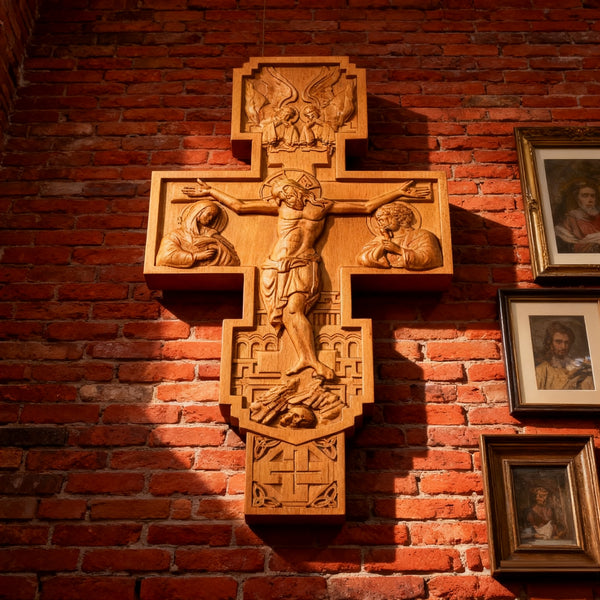 Hand-Carved Beechwood Religious Cross: A Sacred Artistic Testament to Christian Faith