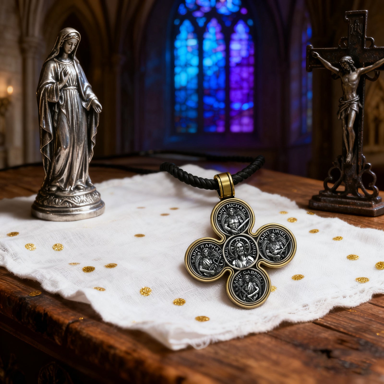 Baroque Style Crucifix Pendant with Jesus and the Four Archangels