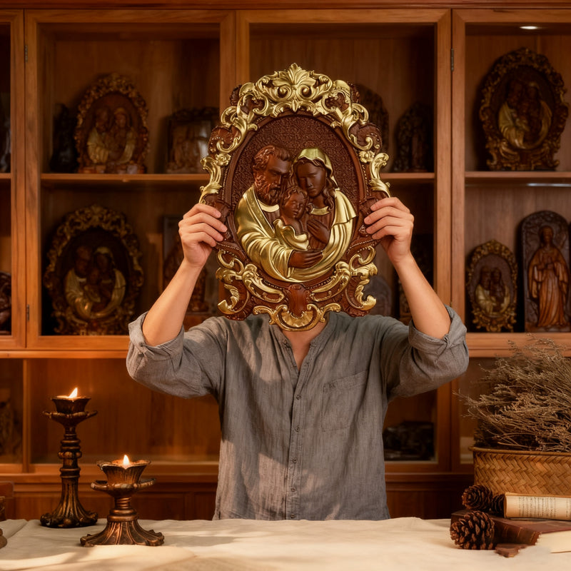 Bgcopper Holy family Nativity Wood Carving Gift Religious Family Wall Decor