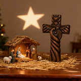 Holy Family wood icon decoration, Joseph, Mary, Baby Jesus, carved wooden cross, wall decoration