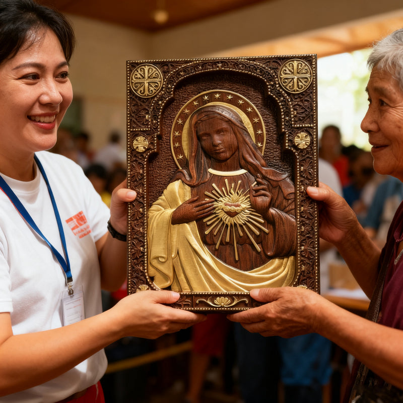 Immaculate Heart of Mary Hand-Carved Beech Wood Sculpture | Sacred Home Altar Ornament