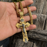Gold-Plated Copper Crucifix Pendant with Jesus Christ and Religious Figures