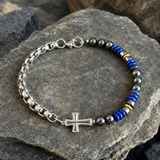 Cross Bracelet with Lapis Lazuli & Hematite — For Faith, Wisdom, and Steady Strength for daily faith wear and Christian gifting