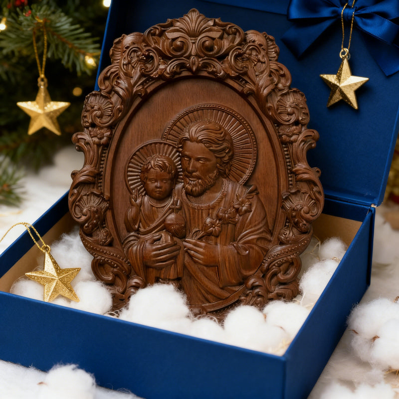 “St. Joseph & Child Jesus” Hand-Carved Wood Icon – A Timeless Christian Gift for Father’s Day & Faithful Homes