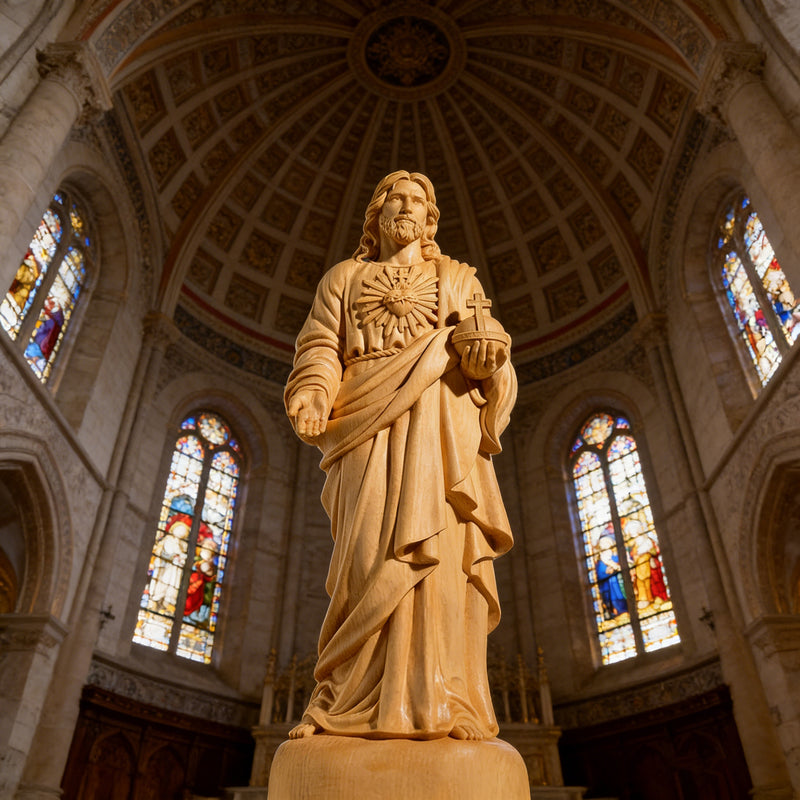 Sacred Heart of Jesus wooden statue displayed near a fireplace in a warm Christian home setting