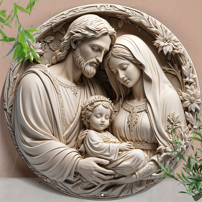 Christian Holy Family Relief Decorative Plaque - 8 Inch / 12 Inch Aluminum Waterproof Religious Wall Art (with Mounting Accessories)