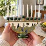 Jerusalem Skyline Hanukkah Menorah – Cloisonné Enamel Judaica Candle Holder