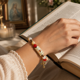 Chalcedony Cross Beaded Bracelet, Vintage Religious Printed Tube Bead Faith Jewelry for Women