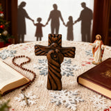 Holy Family wood icon decoration, Joseph, Mary, Baby Jesus, carved wooden cross, wall decoration