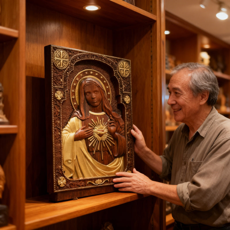 Immaculate Heart of Mary Hand-Carved Beech Wood Sculpture | Sacred Home Altar Ornament