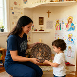 Saint Benedict religious icon, natural wood carved wall decoration