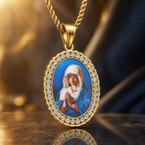 Iced Oval Praying Virgin Mary Portrait Pendant Necklace, 316L Stainless Steel Gold Plated Our Lady Medal Necklace With Rope Chain Religious Jewelry