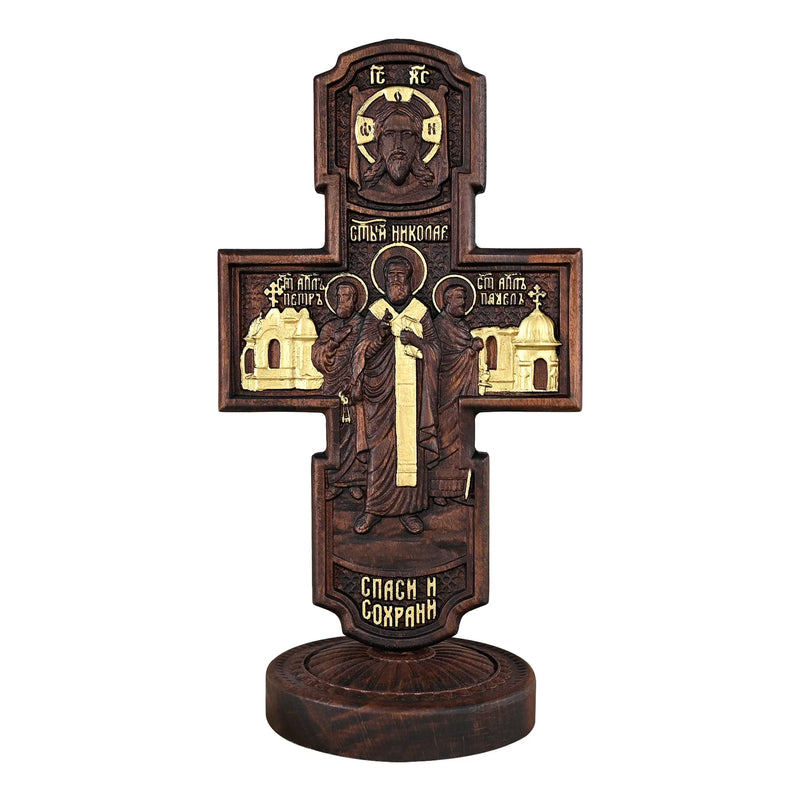 Double-sided carved cross tabletop ornament depicting Jesus' crucifixion and the apostles - BGCOPPER