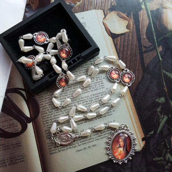 Our Lady of the Pearls Rosary Beads, Icon Pendant, Devotional Prayer Amulet, Faithful Faith Jewelry - BGCOPPER