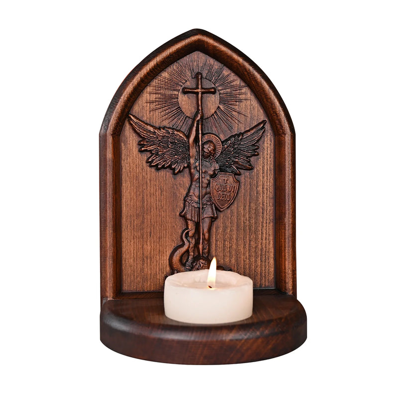 Archangel Michael Wooden Candlestick Tabletop Prayer Ornament - BGCOPPER