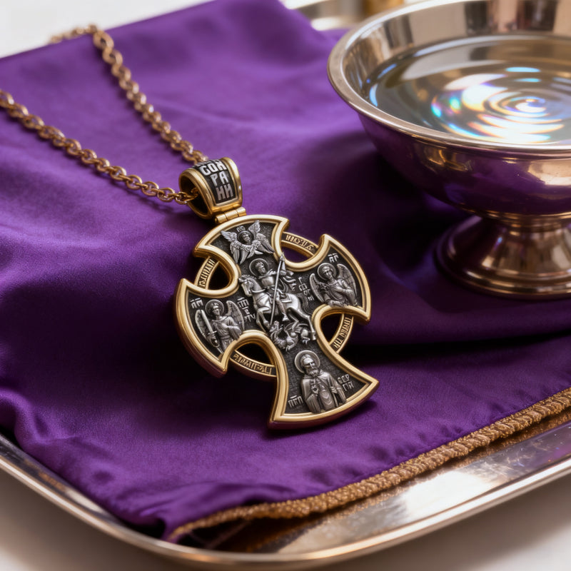 Double-sided S925k silver pendant depicting the Passion of Christ and St. George slaying the dragon.