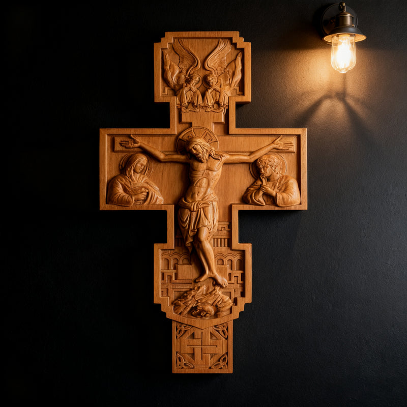 Hand-Carved Beechwood Religious Cross: A Sacred Artistic Testament to Christian Faith