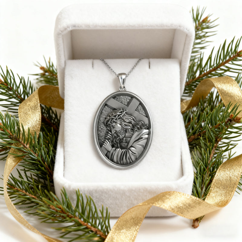 Divine Grace: Jesus Carrying the Cross with Sacred Heart S925 Sterling Silver Pendant Necklace