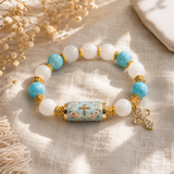 Chalcedony Cross Beaded Bracelet, Vintage Religious Printed Tube Bead Faith Jewelry for Women