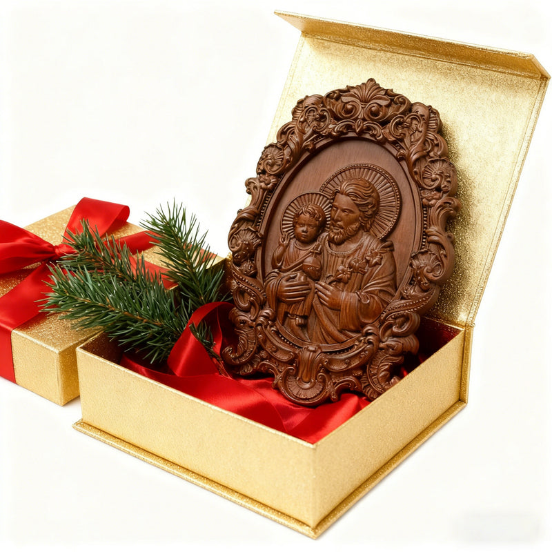 “St. Joseph & Child Jesus” Hand-Carved Wood Icon – A Timeless Christian Gift for Father’s Day & Faithful Homes