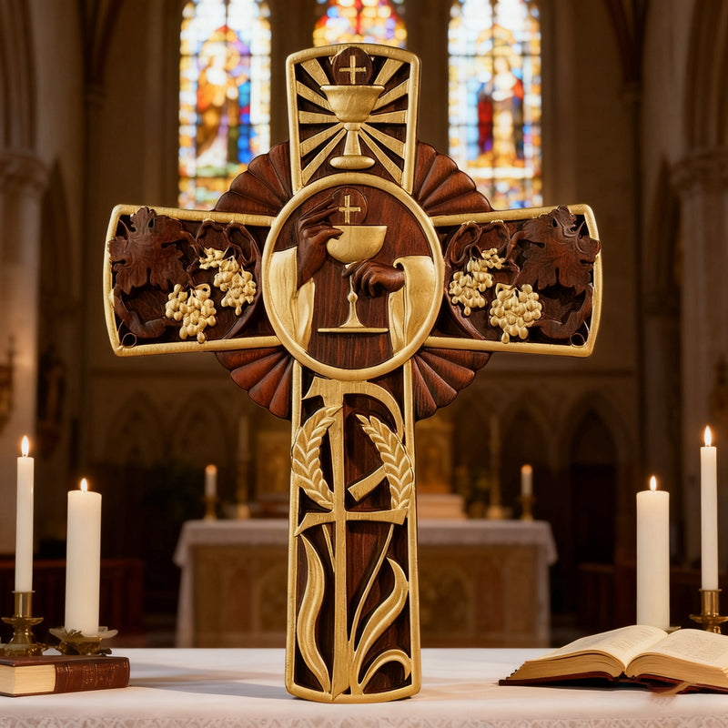 Eucharistic Chalice Wooden Cross: A Christian Symbol of the Last Supper & Redemption