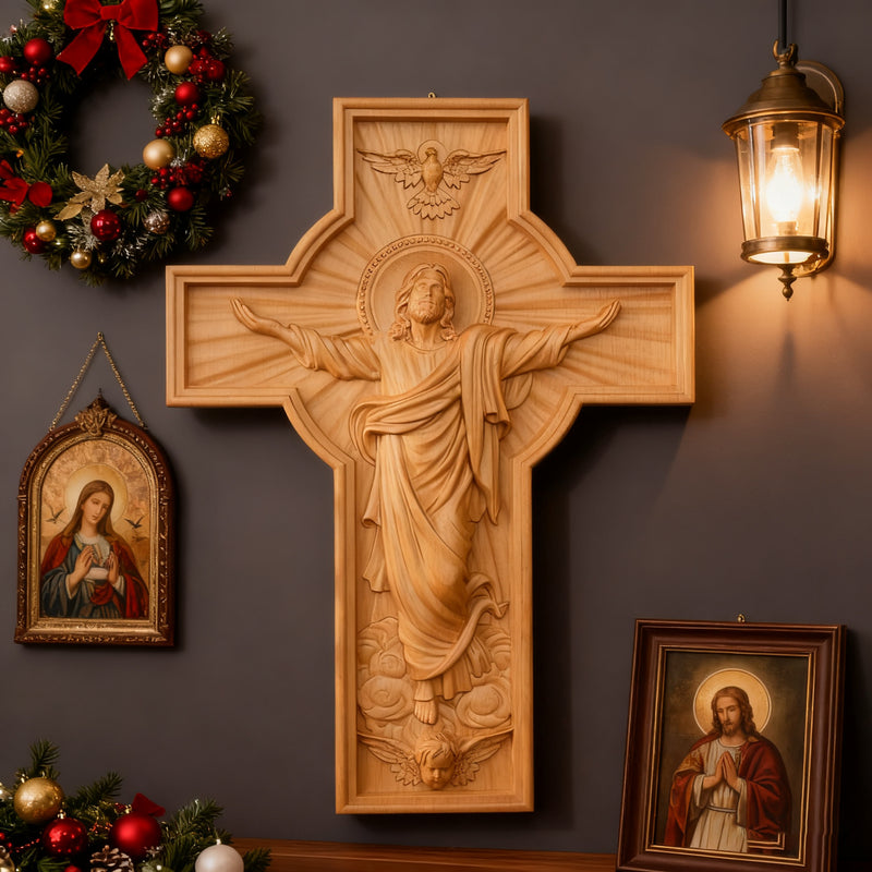 Ascension of Jesus wood carving cross