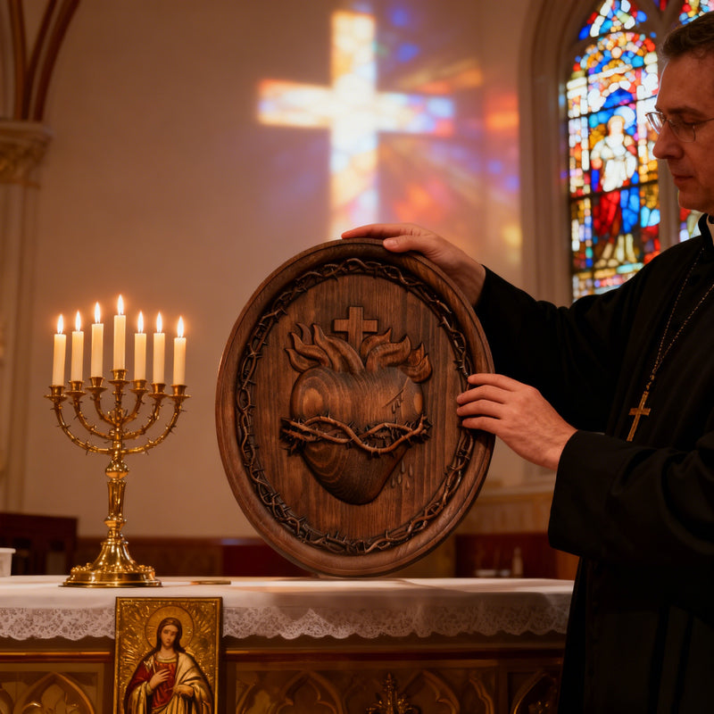 Sacred Family Three Sacred Hearts Wall Decoration Wood Sculpture