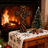 Holy Family wood icon decoration, Joseph, Mary, Baby Jesus, carved wooden cross, wall decoration