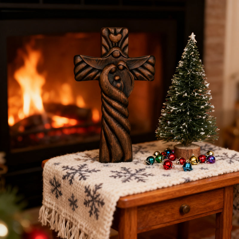 Holy Family wood icon decoration, Joseph, Mary, Baby Jesus, carved wooden cross, wall decoration